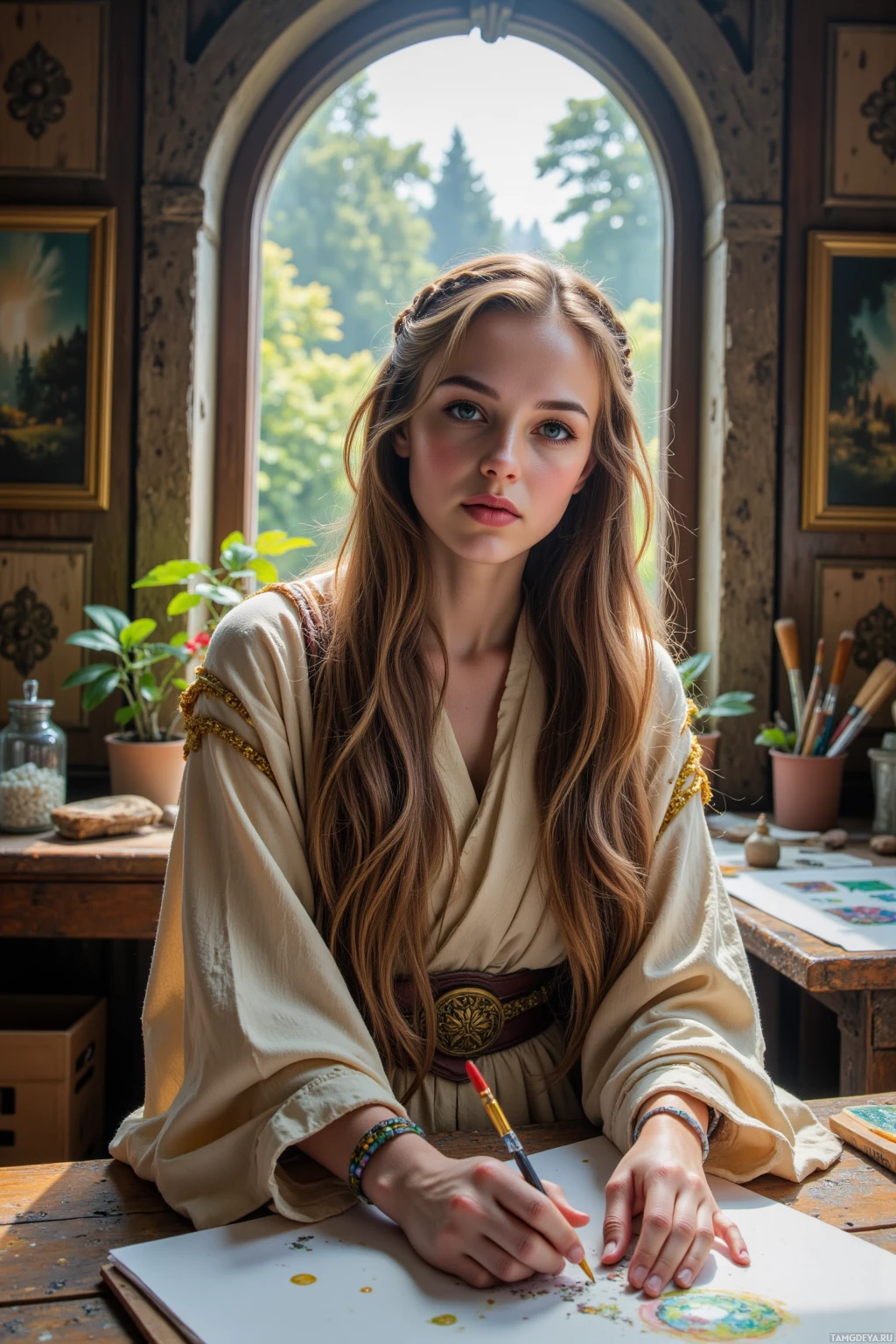 Realistic high quality photo. 45-year-old woman with pale skin, green eyes, long light brown braided hair interwoven with golden threads, wearing flowing robe-inspired garments, seated in a fantasy studio with an ancient oak panel wall that appears like a portal, adjusting a sketch on a wooden table while holding a brush, natural light filtering through a skylight casting soft rays, morning time, scattered sketches and a framed painting on the wall.