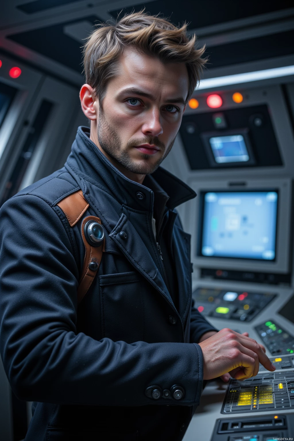 Realistic high quality photo. Male, 34, tall, light brown hair, sharp blue eyes, wearing a high‑collared sleek coat with embedded panels, standing in a late‑night Sector 7B control hub surrounded by glowing sensor arrays and precise grid panels, adjusting alignment controls with a focused, restless gaze as the system hums with disciplined order.