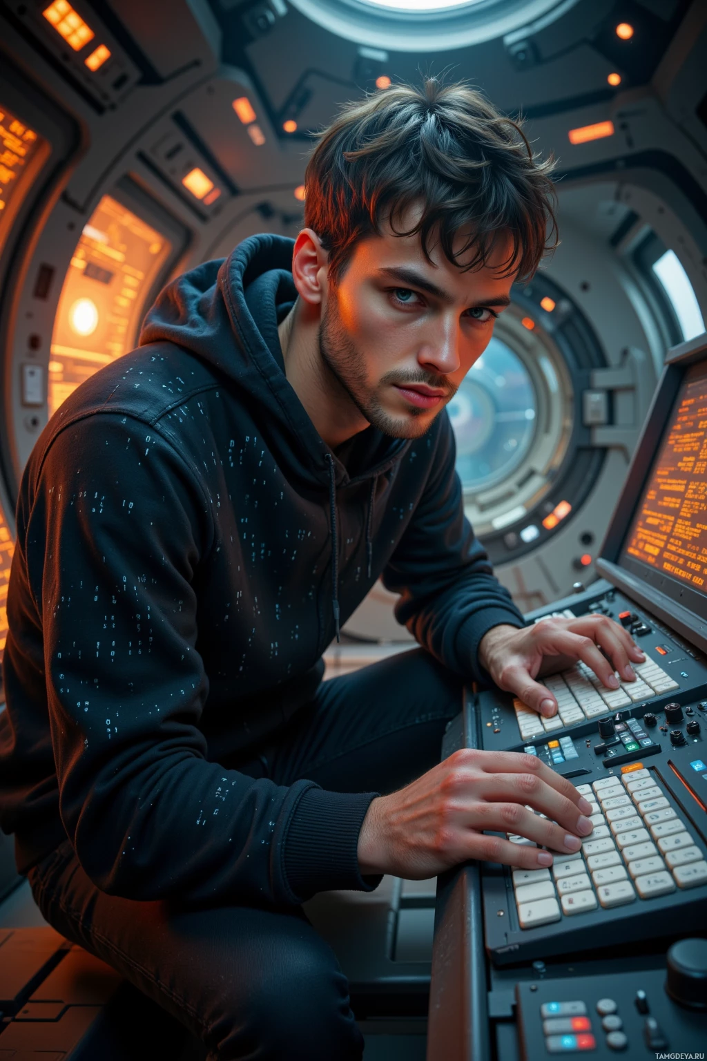 Realistic high quality photo. A 31‑year‑old male cyber analyst with short dark brown hair, piercing blue eyes, pale skin, wearing a black hoodie patterned with binary code and dark jeans, hunched over a quantum console in a nighttime orbital docking bay bathed in soft amber light, surrounded by humming data streams, his expression calm and focused as he tracks elusive code patterns.