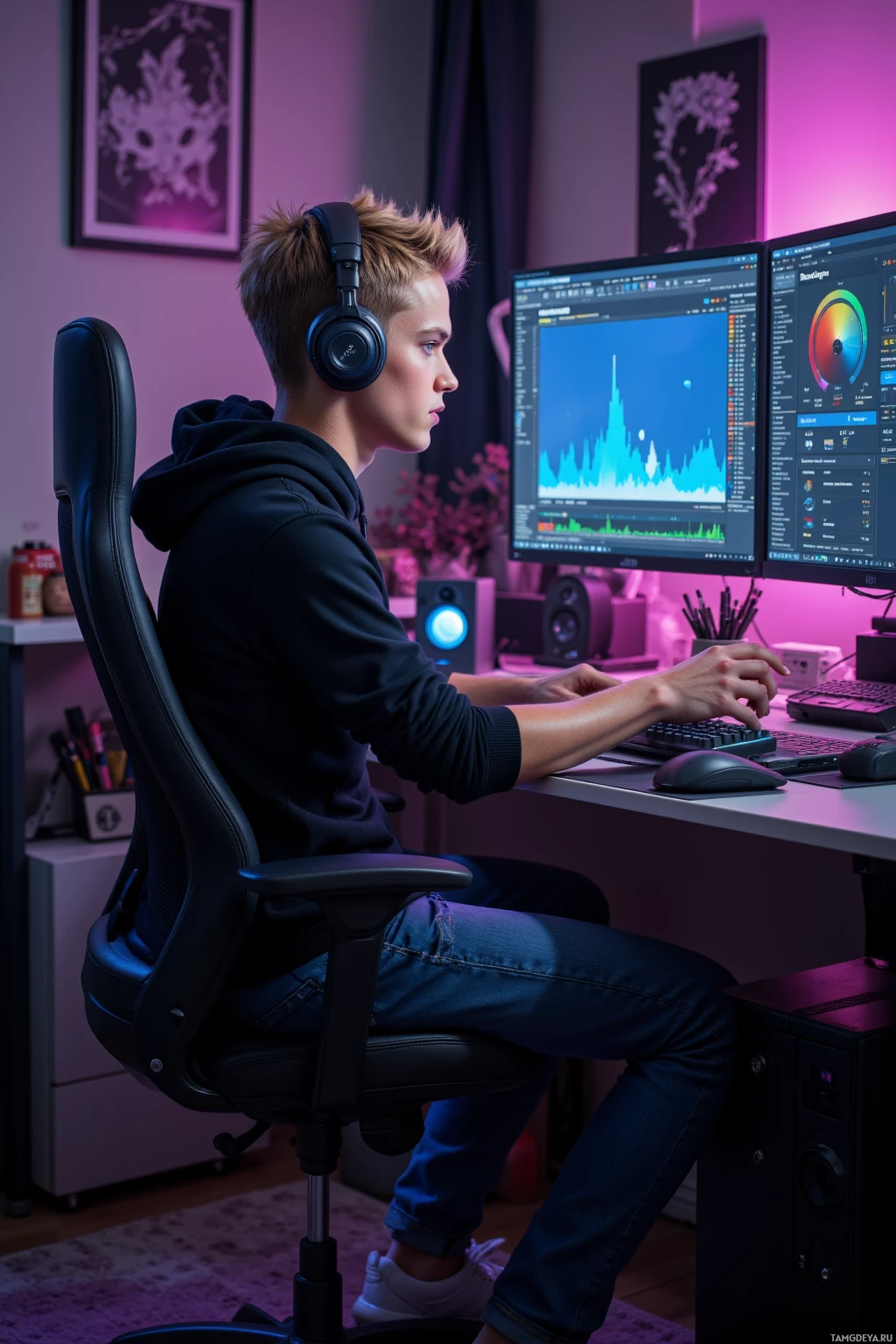 Realistic high quality photo. Tall athletic 21-year-old man with short blonde hair, bright blue eyes, fair skin, strong jawline, wearing a black hoodie, denim jeans, white sneakers, headset draped around his neck, intensely focused on a cluttered gaming desk with multiple monitors displaying stream logs and error analytics in a late‑night glow.