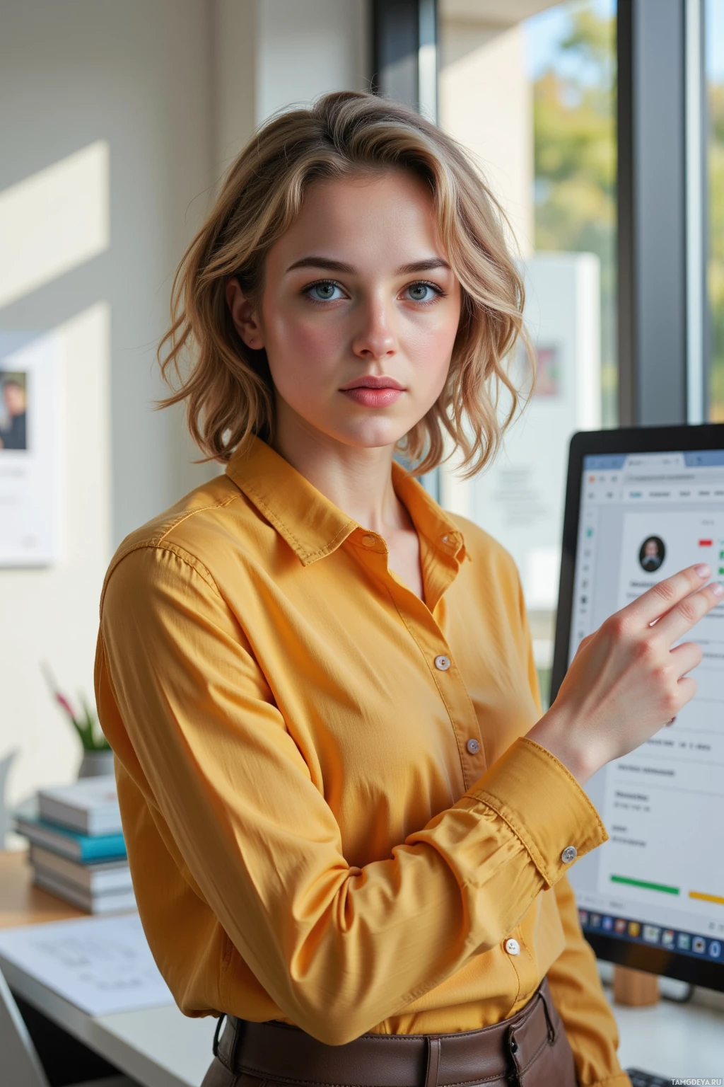 Realistic high quality photo. Woman, 32, curly light brown hair, clear blue eyes, warm beige skin, wearing a soft yellow blouse and tailored dark brown trousers, standing in a modern office with a large computer monitor displaying a UI design with contrast adjustments, pointing at a small glitch icon on the screen, sunlight filtering through a window, a stack of design mockups on a desk.