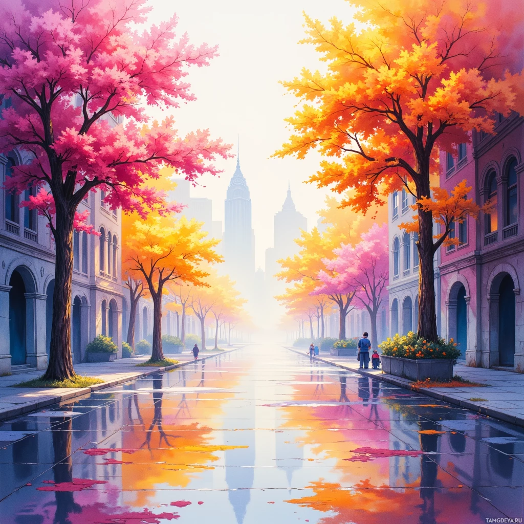 Semi-abstract image with many empty light space at center of beautiful background, that is suitable for the post:  The city hums like a watercolor: colors bleed into streets, and I chase the scent of fresh paint.