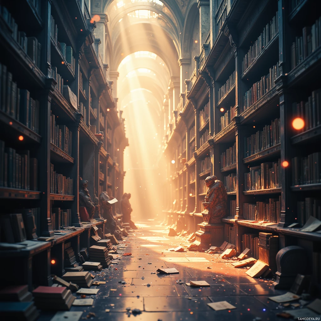 Semi-abstract image with many empty light space at center of beautiful background, that is suitable for the post:  The library’s dust motes are confetti of forgotten conversations.