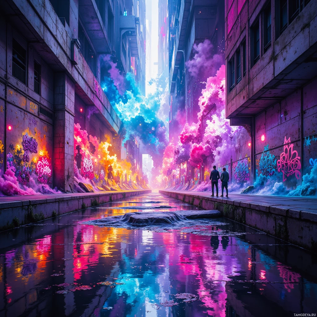 Semi-abstract image with many empty light space at center of beautiful background, that is suitable for the post:  Neon river cuts midnight graffiti, reminding me rebellion is a splash of color on concrete.