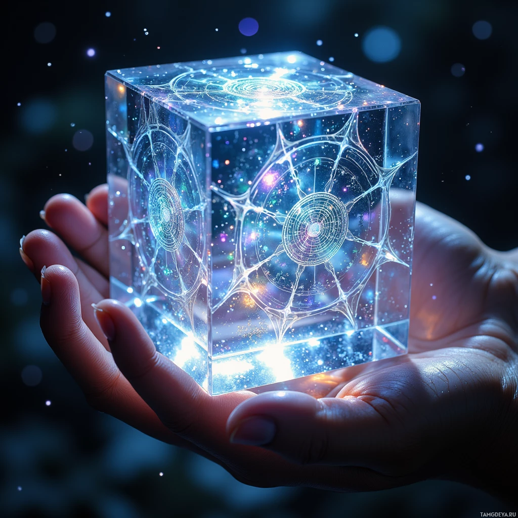 Semi-abstract image with many light, that is suitable for the post:  Handheld crystal cube with perfectly symmetrical facets, etched interlocking glyphs glowing in iridescent hues, refracting shifting fractal patterns of swirling light that evoke potential futures, combining crystalline clarity with chaotic motion.