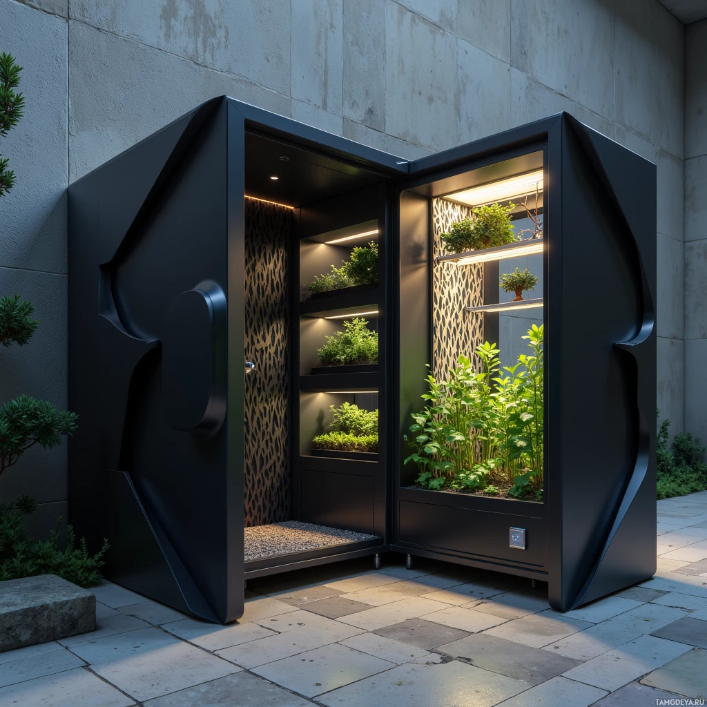 Semi-abstract image with many light, that is suitable for the post:  Sleek matte black ultra‑compact modular shelter kit with origami‑style folding panels, glinting solar‑panel lattice, integrated translucent algae‑filter panel, a miniature hydroponic tray with herbs, and a subtle embedded AI control panel, all rendered in high detail.
