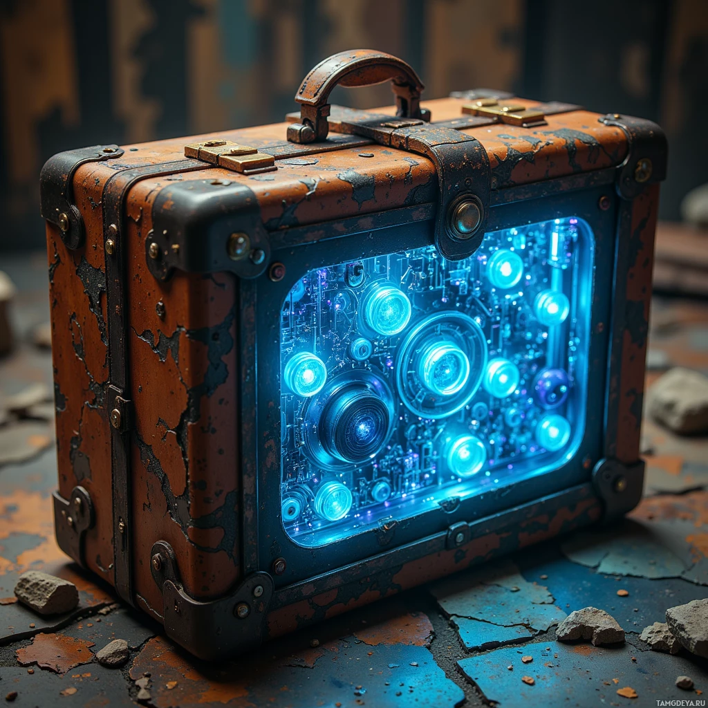 Semi-abstract image with many light, that is suitable for the post:  pocket-sized battered suitcase with weathered brown leather, cracked edges and rusted brass hinges, a translucent panel revealing an intricate lattice of glowing blue micro‑actuators and sensors inside.