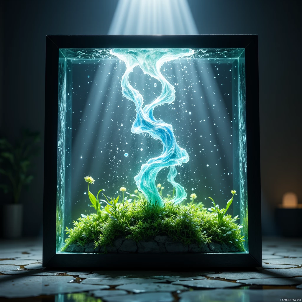 Semi-abstract image with many light, that is suitable for the post:  Translucent engineered moss slab with microscopic photonic crystals refracting light into dew‑like mist, housed in a sleek matte black frame etched with faintly glowing fractal patterns, and a miniature vortex motor producing a whisper of wind.