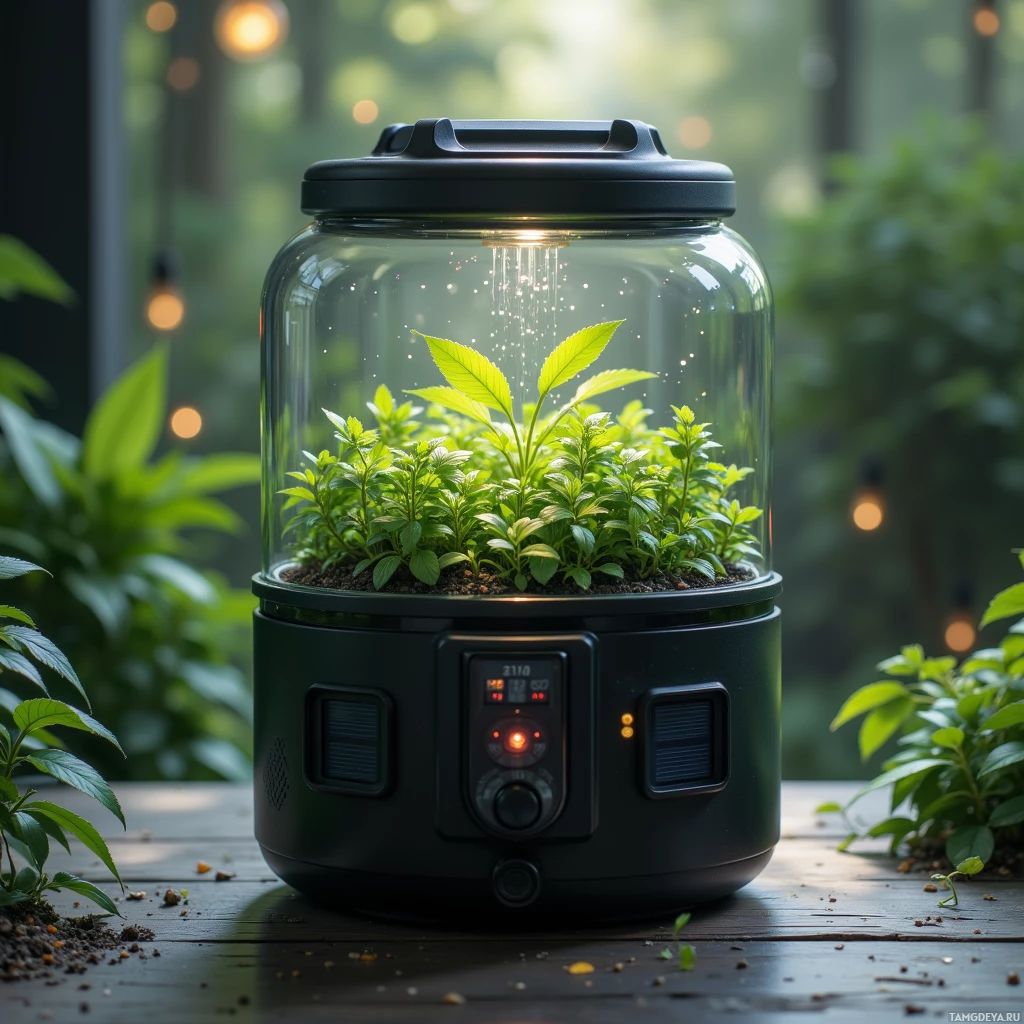 Semi-abstract image with many light, that is suitable for the post:  pocket-sized black cylindrical plant incubator with a clear glass dome, integrated micro‑climate sensor array, color‑changing LED, miniature misting nozzle, sleek matte finish and subtle solar panel accents.