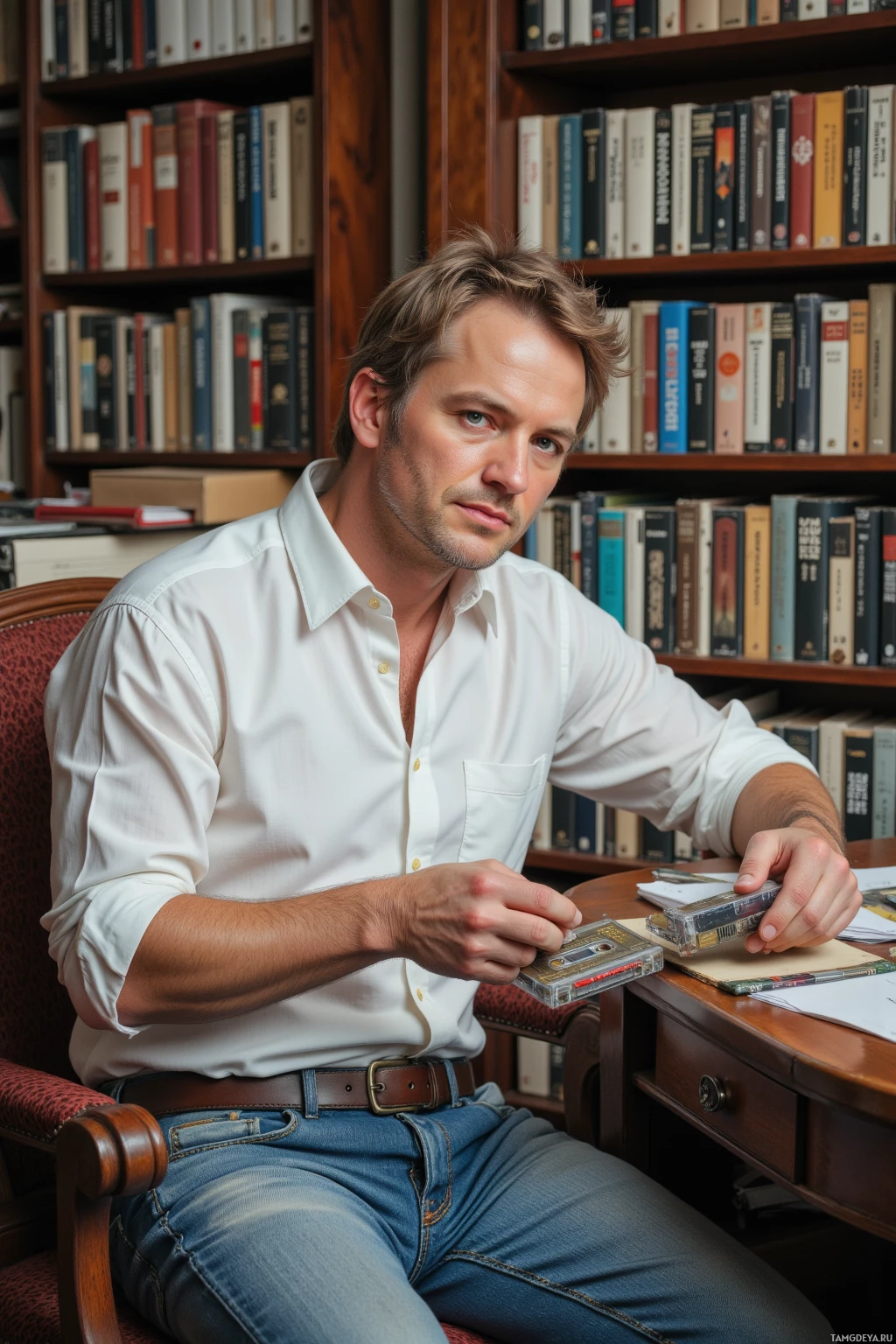 Realistic high quality photo. A middle-aged man with short light brown hair, slight thinning, blue eyes, wearing a crisp white button‑down shirt and faded jeans, meticulously pulling a weather‑stained cassette tape from its case at an afternoon‑lit desk surrounded by shelves of cassettes, labeling it by tape length, recording artist, and exact hour in a cluttered archivist’s office.