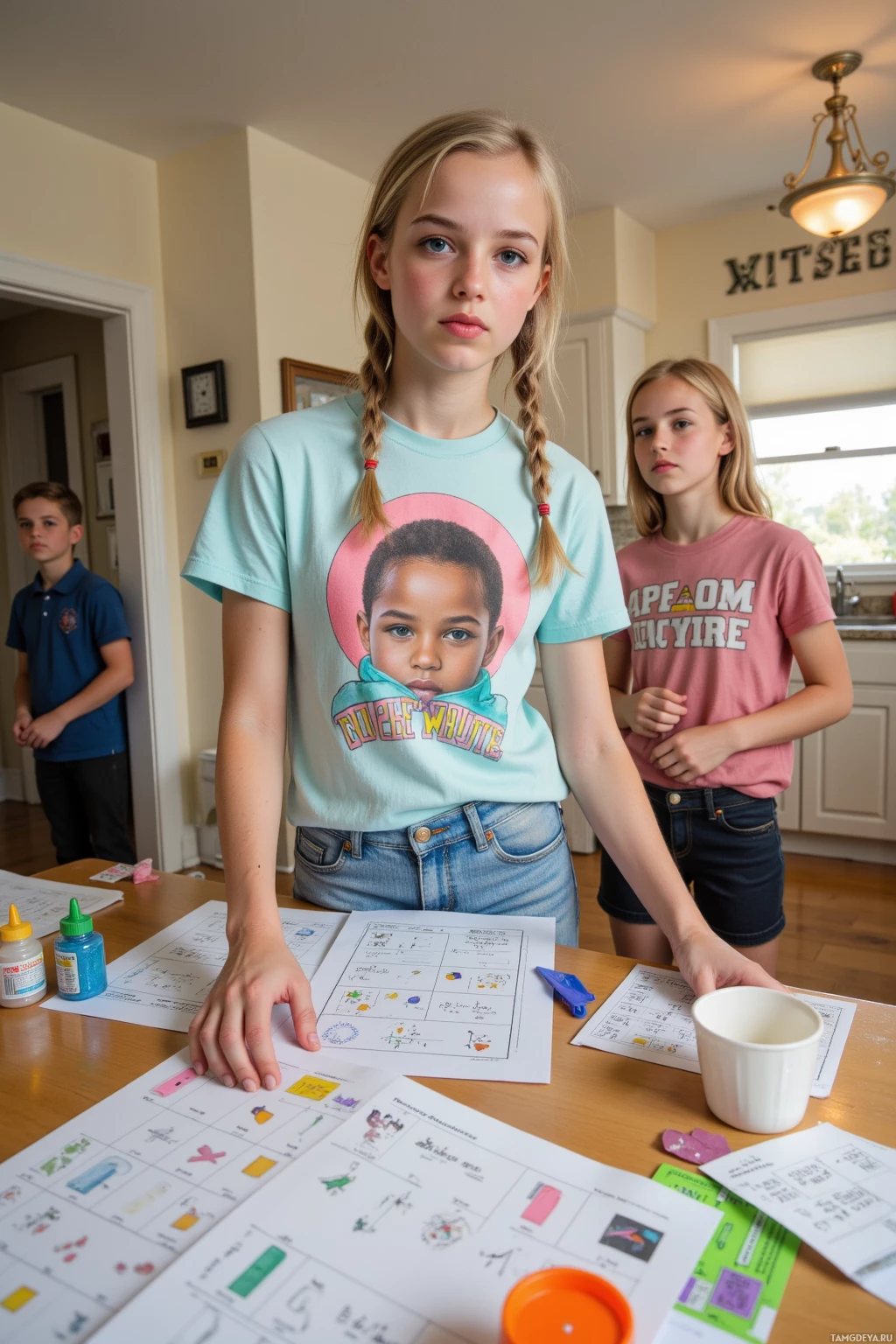 Realistic high quality photo. Female, 16, blonde braids, bright blue eyes, wearing a colorful graphic t‑shirt, light blue jeans, black socks, standing at a cluttered kitchen table negotiating a ceasefire with a sippy cup, surrounded by algebra worksheets, glitter glue jars, a paper ticket for an Operation Bedtime Show, a paper airplane, twins giggling in the background, morning light.