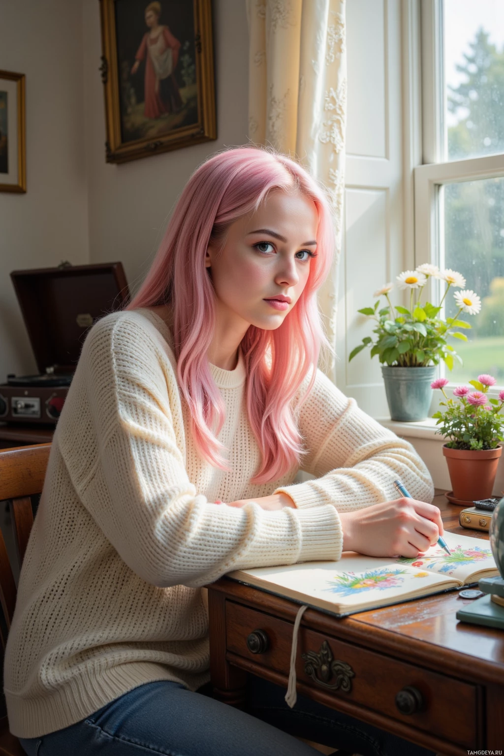 Realistic high quality photo. A 25‑year‑old woman with pastel pink hair, bright brown eyes, porcelain skin, wearing a soft knit sweater and simple jeans, sits at a wooden desk in a sunlit room with lace curtains, sketching a tiny secret garden in her sketchbook while an old record player hums softly nearby.