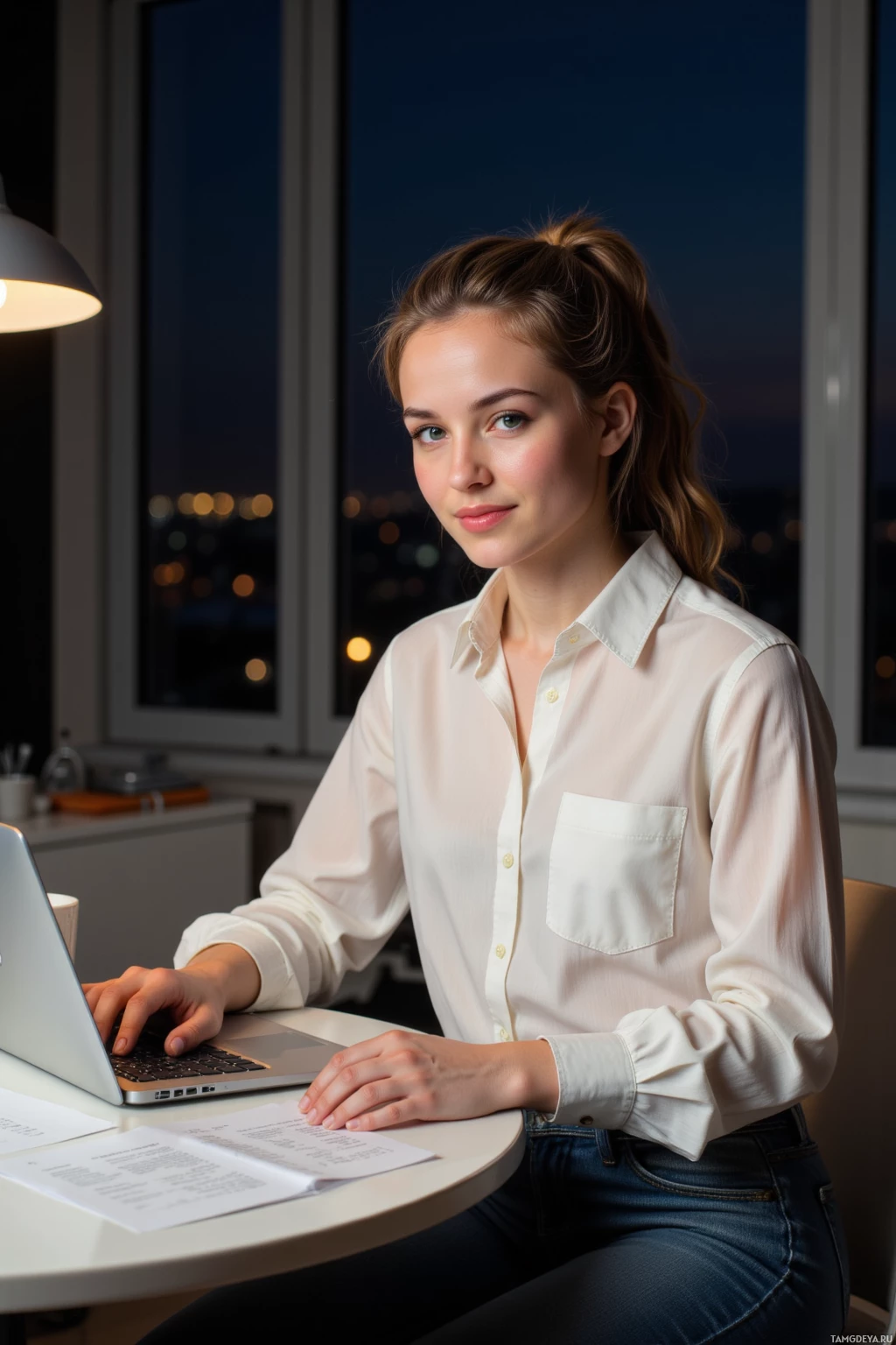 Realistic high quality photo. Woman in modern home office at night, wearing a crisp white blouse with a subtle pattern and dark jeans, light brown curly hair pulled into a ponytail, bright green eyes, smirking while sifting through raw transcripts on a laptop with papers scattered, a dim lamp illuminating a coffee mug, city lights visible through a window.