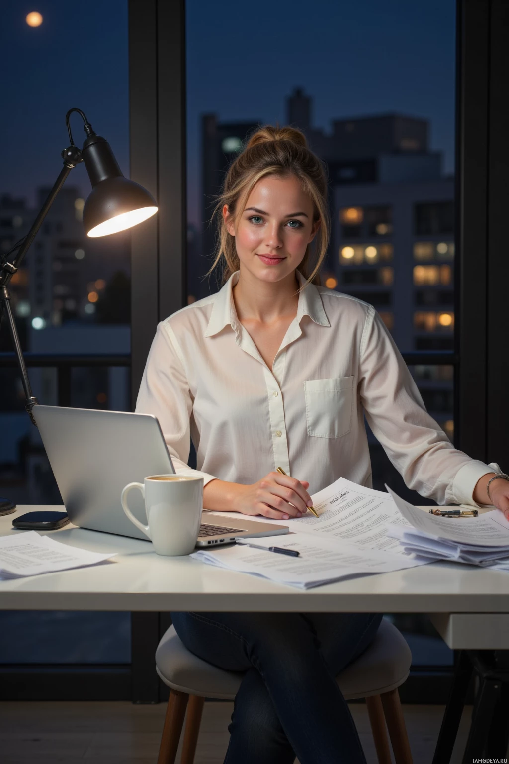 Realistic high quality photo. Woman in modern home office at night, wearing a crisp white blouse with a subtle pattern and dark jeans, light brown curly hair pulled into a ponytail, bright green eyes, smirking while sifting through raw transcripts on a laptop with papers scattered, a dim lamp illuminating a coffee mug, city lights visible through a window.