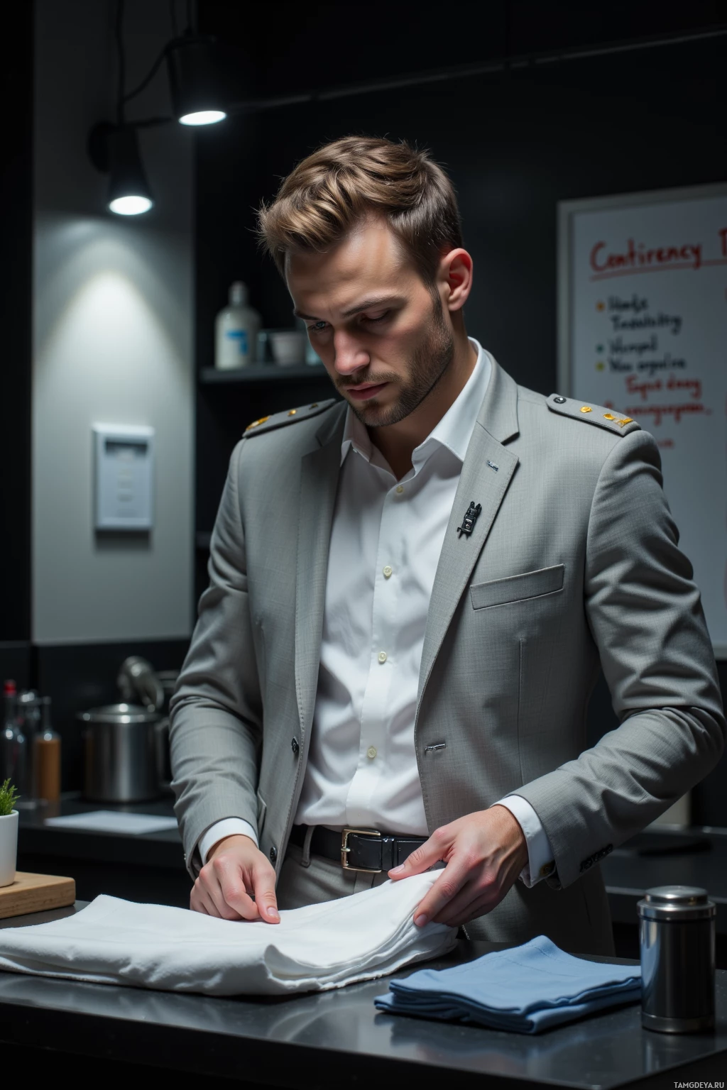 Realistic high quality photo. A 34-year-old man with short light brown hair, green eyes, wearing a crisp white shirt under a pale gray uniform jacket with sharp shoulder lines and silver detailing, stands in a dimly lit modern kitchen during a blackout, holding a notebook to log a stovetop burn while carefully folding shirts with military precision, a single LED lamp illuminating the scene and a whiteboard with contingency plans in the background.