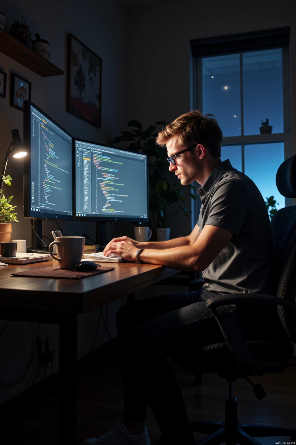 Realistic high quality photo. Male, 27, blonde hair, brown eyes, fair skin, strong jawline, prominent cheekbones, wearing a minimalist grey shirt, black jeans, white sneakers and round glasses, intensely focused in a dimly lit home office late at night, surrounded by dual monitors displaying Linux kernel code, a coffee mug beside him, typing rapidly as he hunts a race condition in a microkernel patch.