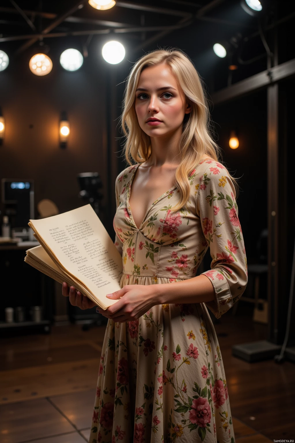 Realistic high quality photo. Female, 27, long wavy blonde hair, green eyes, wearing a vintage floral dress with soft flowing fabric, standing on a dimly lit film set under stage lights, sketchbook tucked under her arm, thoughtful expression as a stack of script pages gently flutter in the air, cinematic studio atmosphere, evening.