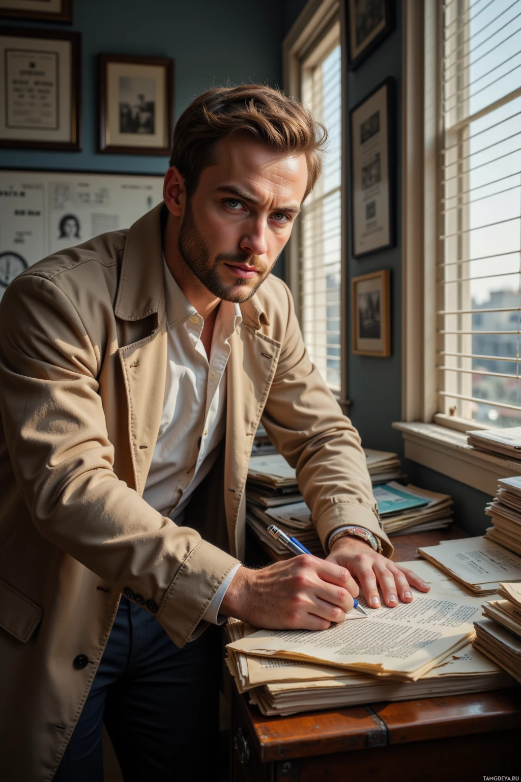 Realistic high quality photo. A determined 34‑year‑old male journalist with short sandy brown hair, light stubble, bright blue eyes, wearing a classic beige trench coat over a white shirt and dark pants, hunched over a wooden desk in a small office with blinds partially drawn, late afternoon light filtering across a cluttered pile of thick paper files as he traces the edge of a headline, the distant hum of traffic audible through the window.
