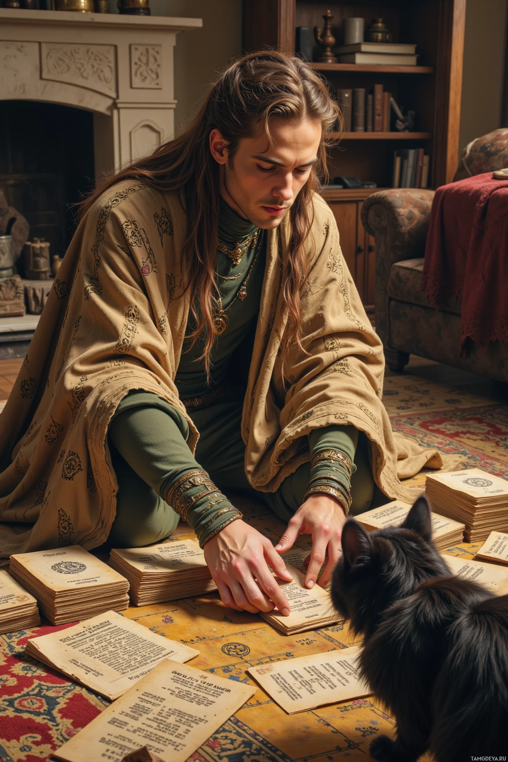 Realistic high quality photo. Man, 33, light brown braided hair, green eyes, warm beige skin, wearing a long flowing cloak embroidered with cryptic symbols, sits on a patterned rug that looks like a cryptic map in a living room at afternoon, aligning stacks of obsolete rune scripts on the floor grid while a cat watches.