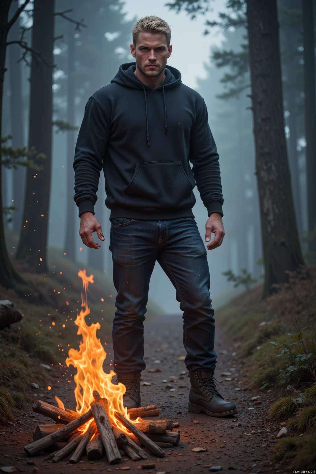 Realistic high quality photo. A muscular 30‑year‑old blonde man in a black hoodie, dark jeans, rugged boots stands on a misty dawn trail, eyes fierce and hands gripping a torch, sparks flying as he lights a campfire in a twilight forest clearing, his stance protective and determined.