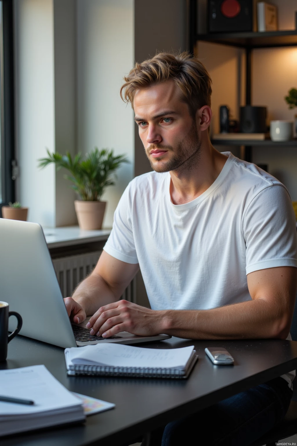 Realistic high quality photo. A 25‑year‑old man with blonde hair and blue eyes, wearing a plain white t‑shirt and dark jeans, sits at a desk in a modern home office, laptop open showing fifteen browser tabs, a stack of notebooks and a coffee mug beside him, looking intrigued and slightly distracted as evening light filters in.