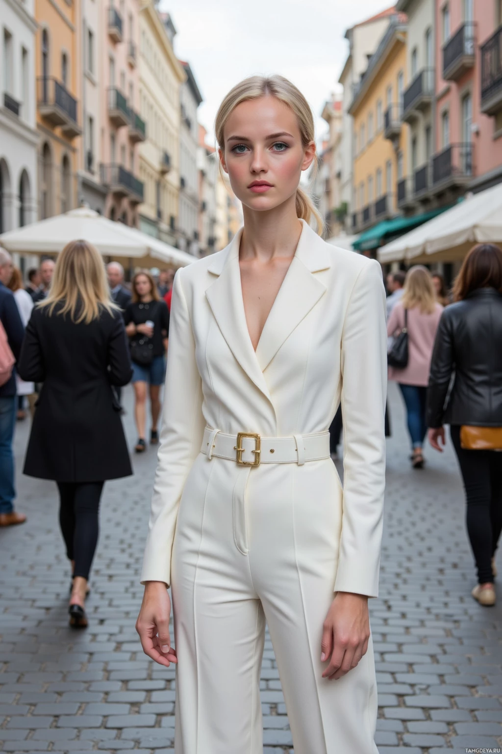 Realistic high quality photo. 25‑year‑old woman with a low blonde bun, bright green eyes, pale skin, wearing a fitted white jumpsuit with gold belt buckle and high heels featuring a single minimalist spike, standing confidently on a cobblestone street at midday, stopwatch in hand, surrounded by a bustling crowd of fashion observers.