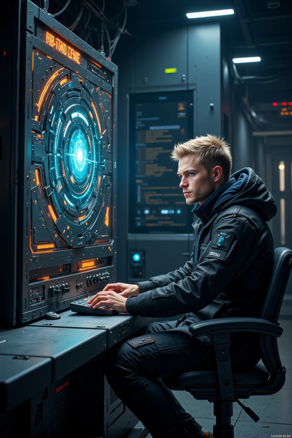 Realistic high quality photo. Male engineer, 28, short blonde hair, piercing blue eyes, wearing a black tactical jacket with metallic accents, dark pants, and sturdy boots, methodically typing code on a flickering high‑tech console in a dim data hub, his face showing a cryptic grin and wink toward a hovering firewall interface, surrounded by swirling digital threads and a rhythmic glow.