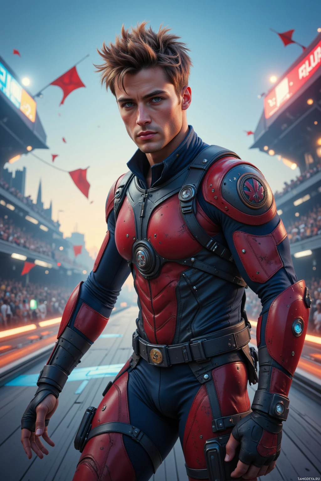 Realistic high quality photo. 31‑year‑old male with light brown spiky hair and blue eyes, wearing a fitted racing vest over a compression suit and reinforced gloves, mid‑hover race on a high‑tech hover track, defiant stance as a red flag blinks overhead, dynamic speed lines, futuristic arena at dusk.