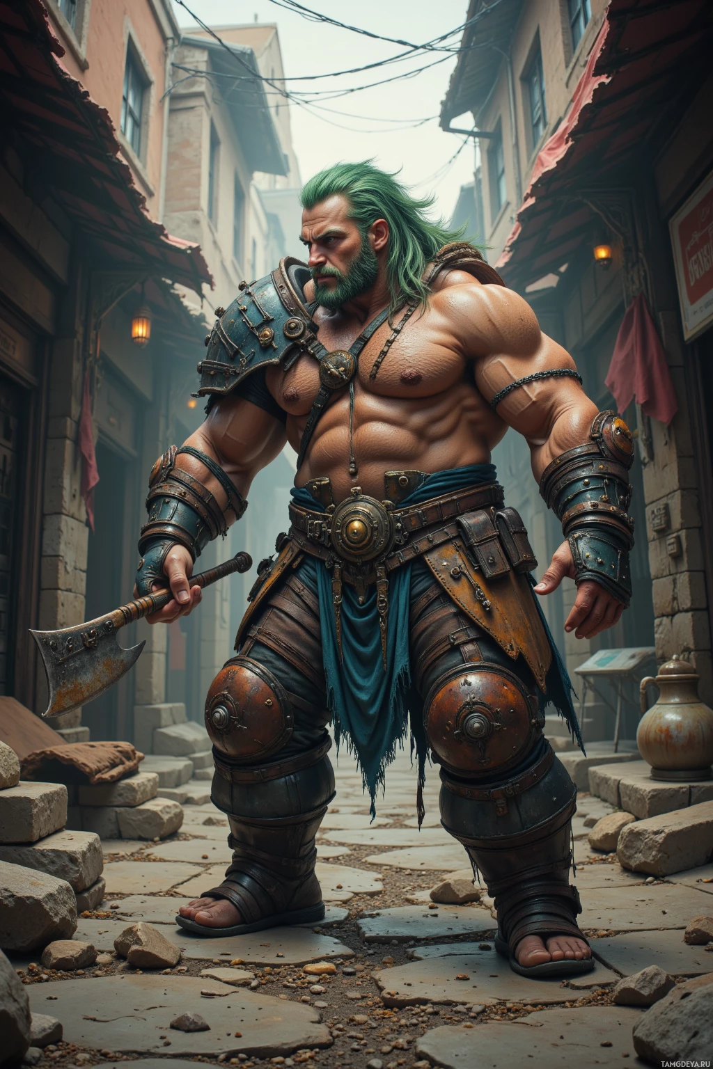 Realistic high quality photo. Large muscular 40‑year‑old man with shaggy green hair, piercing blue eyes, battle‑scarred leather armor with hooks and chains, standing in a crumbling alley market, holding a rusty cleaver, confronting a slick trader amid broken stalls and dusty concrete, the atmosphere tense and gritty.