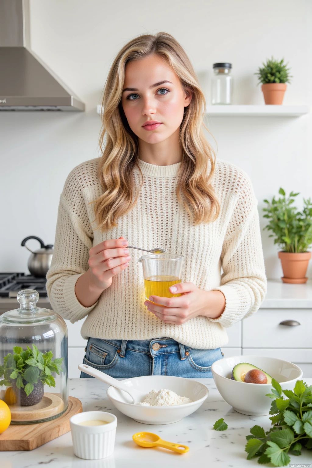 Realistic high quality photo. A 26‑year‑old woman with long wavy blonde hair and bright blue eyes, wearing a soft knit sweater and relaxed‑fit jeans, stands in a bright modern kitchen surrounded by a terrarium of herbs, a measuring cup of flour, a butter tub, a bowl of avocado and mint, carefully adjusting a ratio of olive oil while the scent of fresh produce fills the air, poised for a bake‑off.