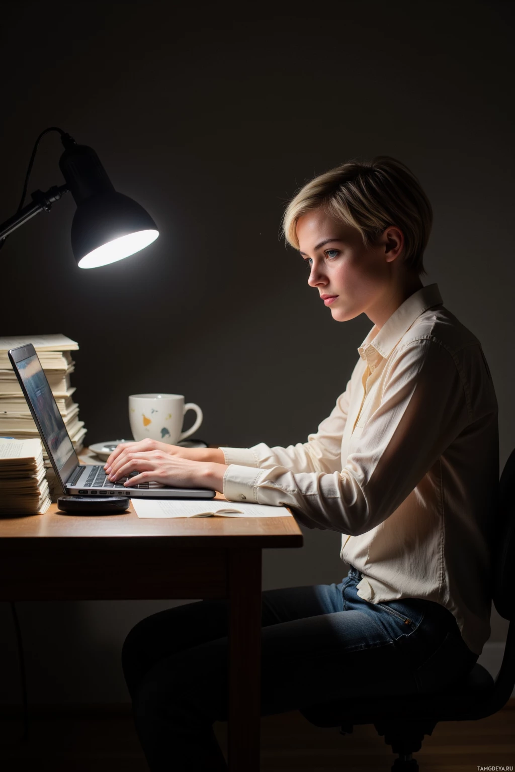 Realistic high quality photo. Nighttime, a woman with short platinum blonde pixie cut and piercing blue eyes, wearing a light-colored blouse and dark-washed jeans, sits at a desk under a single desk lamp, typing on a laptop as the keys clatter, surrounded by stacks of manuscript pages, her focused expression illuminated by the monitor's glow.