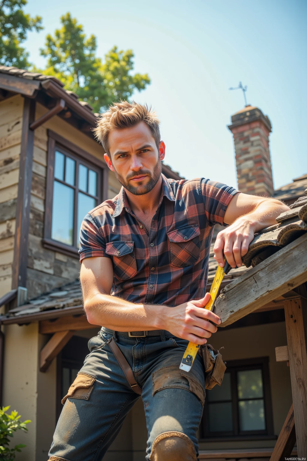 Realistic high quality photo. 38-year-old man with short sandy blonde hair, rugged features, clear blue eyes, wearing a plaid shirt and sturdy pants, standing on the slanted roof of an old house, measuring the angle with a tape measure under bright mid‑morning sunlight.