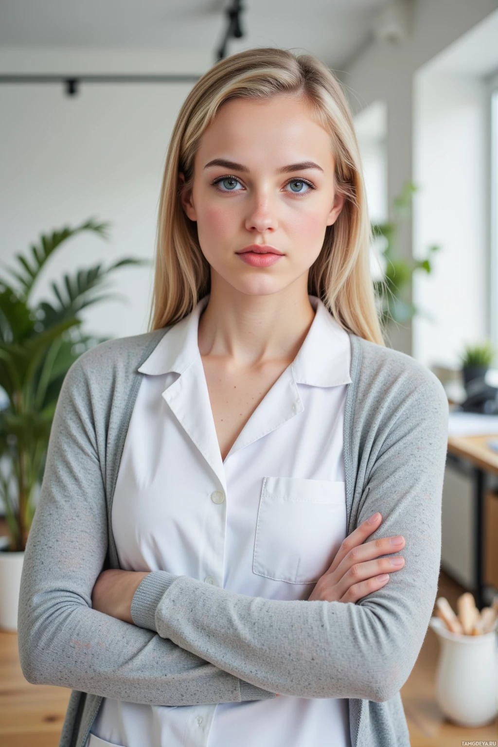 Realistic high quality photo. 26‑year‑old woman with long blonde hair in a soft bun, bright blue eyes, wearing a neat white nurse uniform and light gray cardigan, standing in a modern office at midday with a phone on a desk, giving a supportive hug to a coworker, a cat lounging nearby, and a thriving fern in a pot.