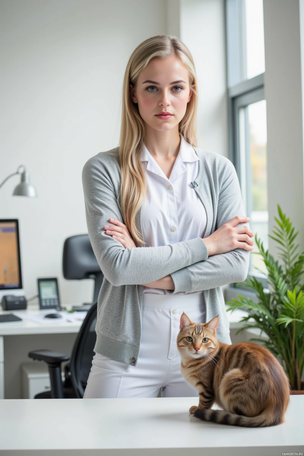 Realistic high quality photo. 26‑year‑old woman with long blonde hair in a soft bun, bright blue eyes, wearing a neat white nurse uniform and light gray cardigan, standing in a modern office at midday with a phone on a desk, giving a supportive hug to a coworker, a cat lounging nearby, and a thriving fern in a pot.