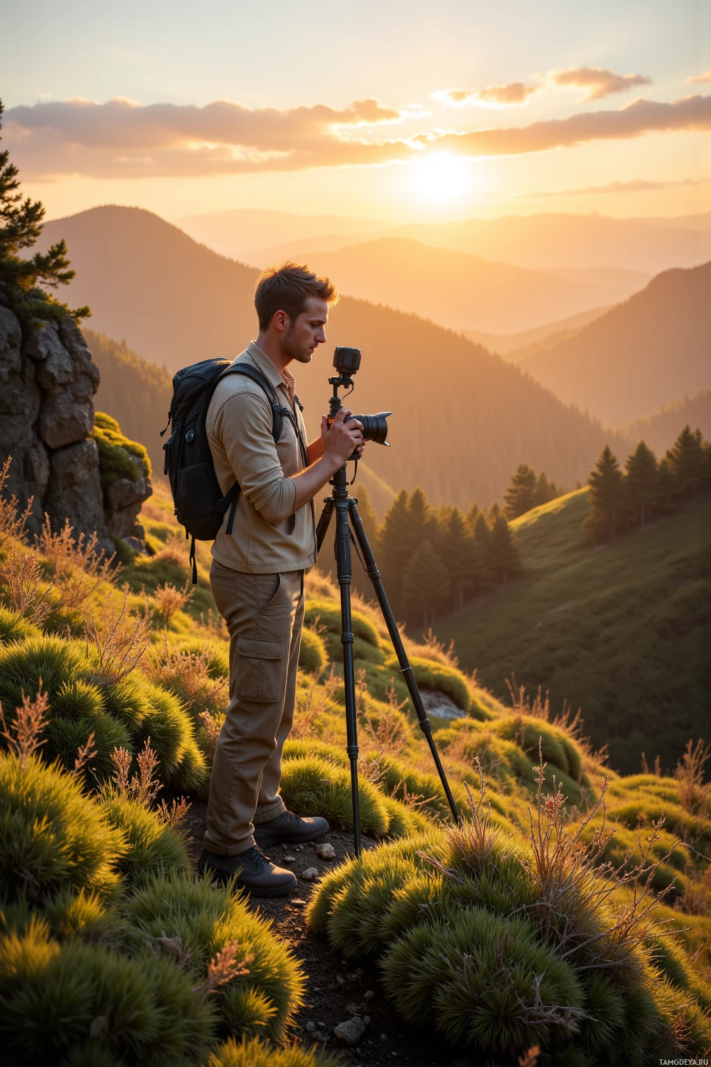 Realistic high quality photo. Man, 33, short light brown hair, green eyes, beige shirt, khaki cargo pants, hiking boots, standing on an east‑facing mossy slope setting a tripod with a DSLR in manual focus, whispering to the moss as the sun slips behind a ridge during the soft amber golden hour.