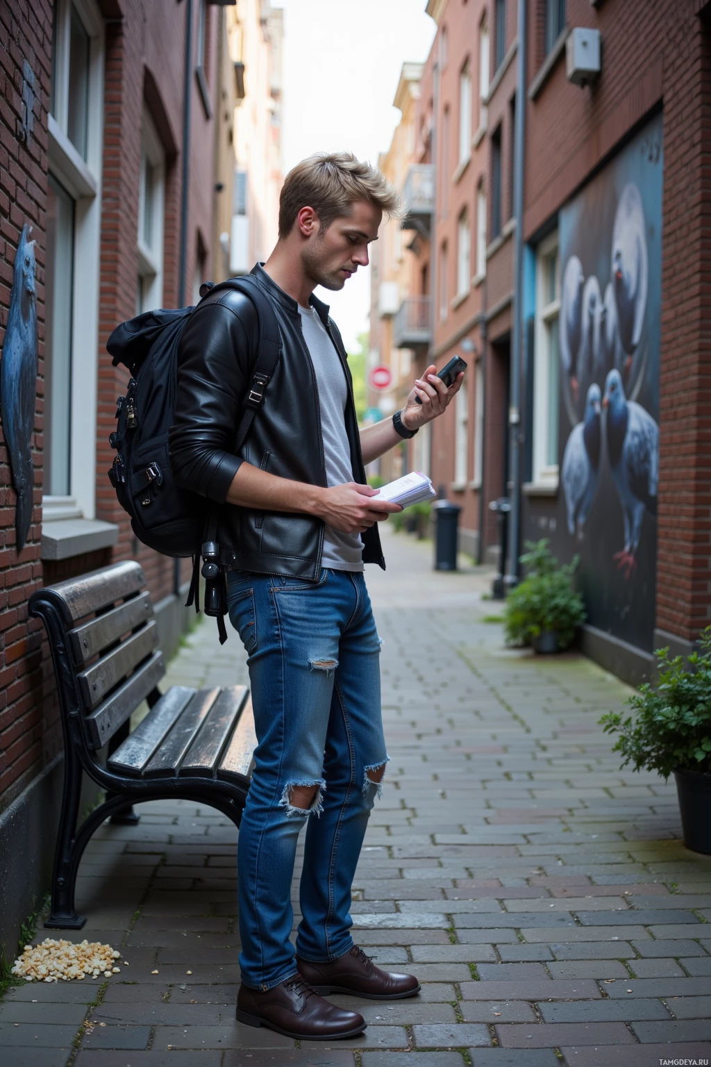 Realistic high quality photo. Man, 34, short blonde hair, blue eyes, fair skin, fitted t‑shirt, denim jeans, black leather jacket, backpack with camera gear, standing in a narrow back alley with brick walls, examining an urban mural of pigeons shaking hands, holding a smartphone, notebook in hand, a bench beside a river that looks like a time capsule, a handful of popcorn kernels on the pavement, late afternoon light filtering through gaps in the buildings, atmosphere quiet yet curious.
