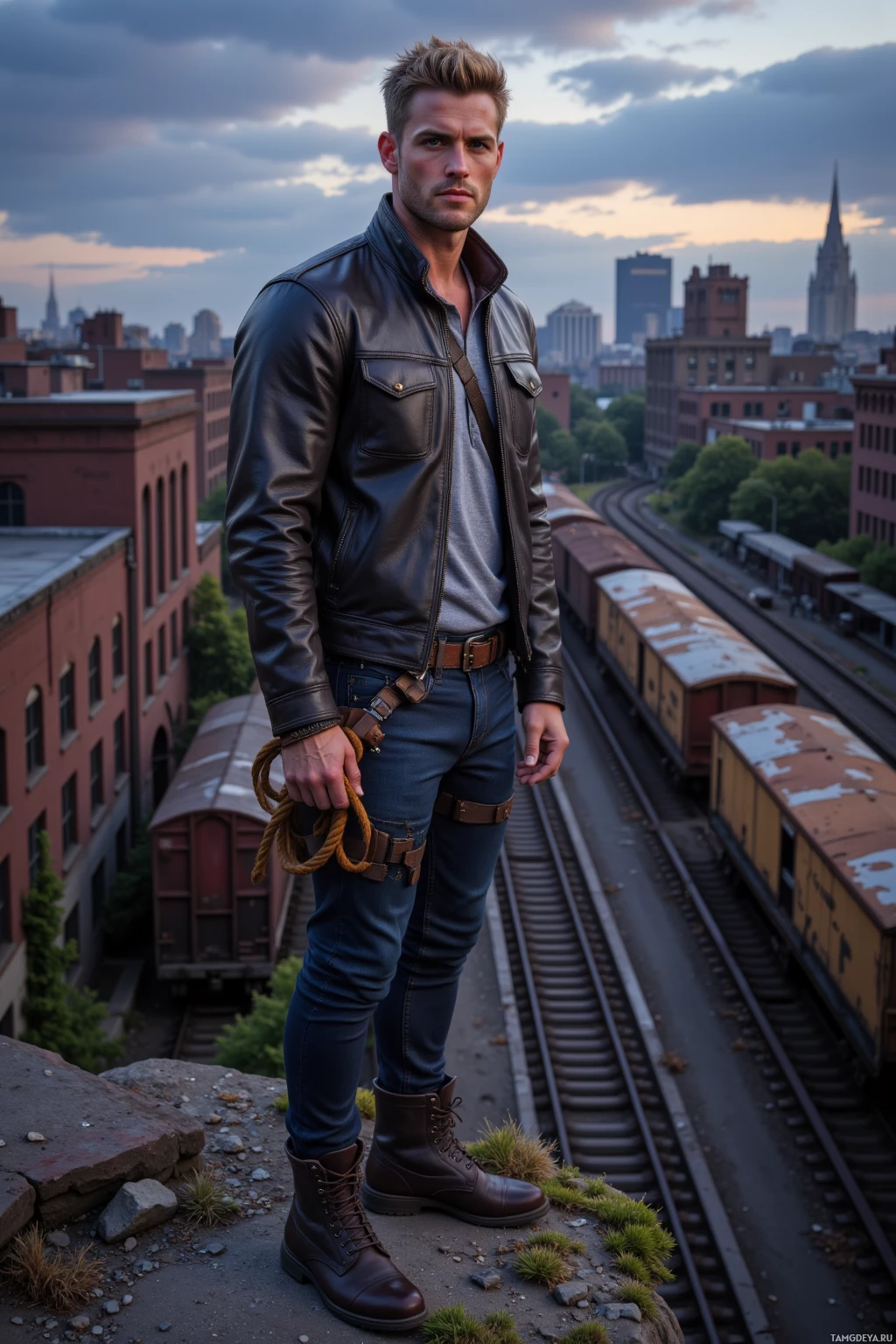 Realistic high quality photo. 30‑year‑old lean, athletic man with short blonde hair and striking blue eyes, wearing a rugged leather jacket and sturdy boots, stands on a rooftop garden hidden behind a derelict warehouse, overlooking an urban horizon at twilight, surrounded by abandoned rail tracks and rusted freight cars, clutching a climbing rope, exuding bold adventurous vibe.