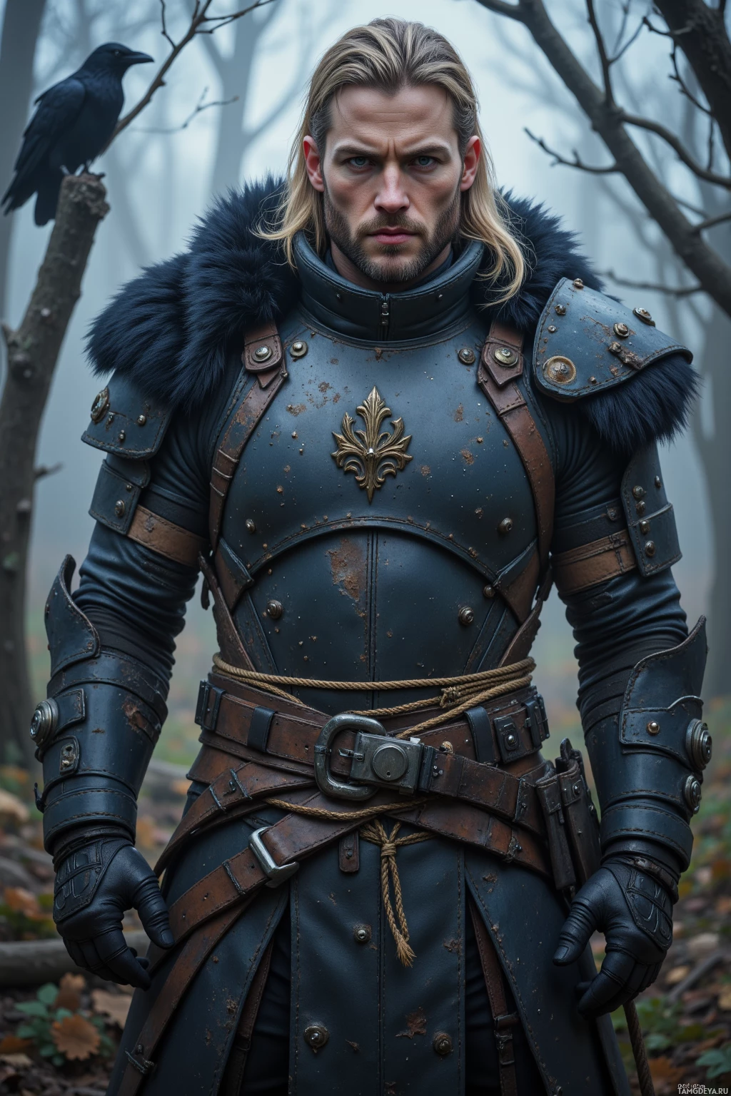 Realistic high quality photo. A muscular 31‑year‑old man with dark blonde hair, blue eyes, pale skin, wearing fur‑lined leather armor with metal accents and bone details, sets an overengineered tripwire of rope, goat‑hide and cactus peels in a post‑apocalyptic woodland clearing under twilight, a silent black crow watching from a broken branch.
