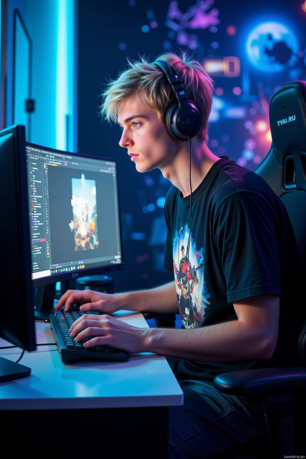 Realistic high quality photo. young man with messy blonde hair, bright blue eyes, pale skin, wearing a graphic t‑shirt and sweatpants, intensely focused on a glowing computer screen in a quiet gaming studio, keyboard clicks echoing, chat messages scrolling on a secondary monitor, late evening ambient lighting, reflecting a focused esports streamer.