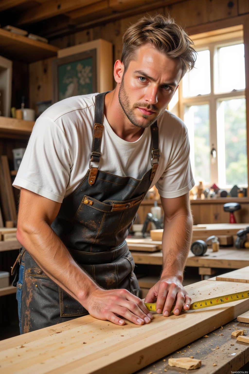 Realistic high quality photo. A 35‑year‑old male woodworker with short blonde hair, blue eyes, sun‑kissed complexion, stubble, wearing a well‑worn leather apron over a plain white T‑shirt and jeans, carefully carving a dovetail joint on a cedar board in a light‑filled workshop, holding a measuring tape, surrounded by wood shavings and tools, afternoon light filtering through a window.