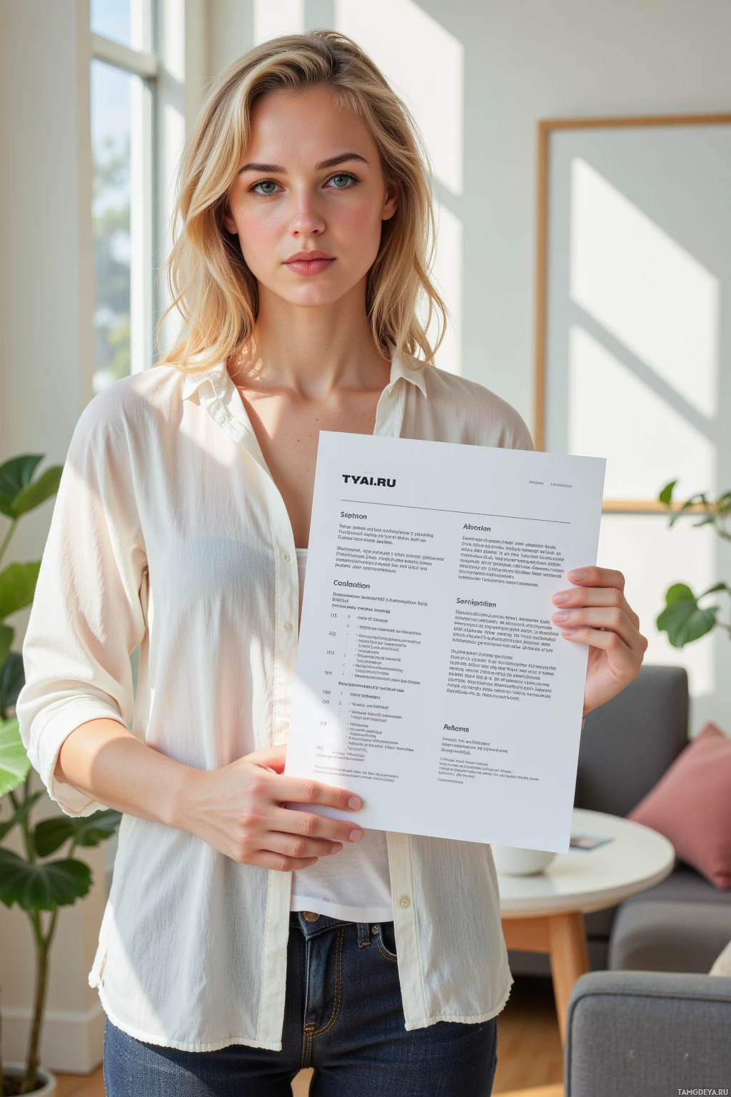 Realistic high quality photo. 38-year-old woman with curly blonde hair and bright blue eyes, wearing a relaxed white blouse and fitted dark jeans, stands in a sunlit living room holding a sleek yoga mat and spec sheet, examining its texture and labels with a focused expression beside a green plant and minimalist décor.