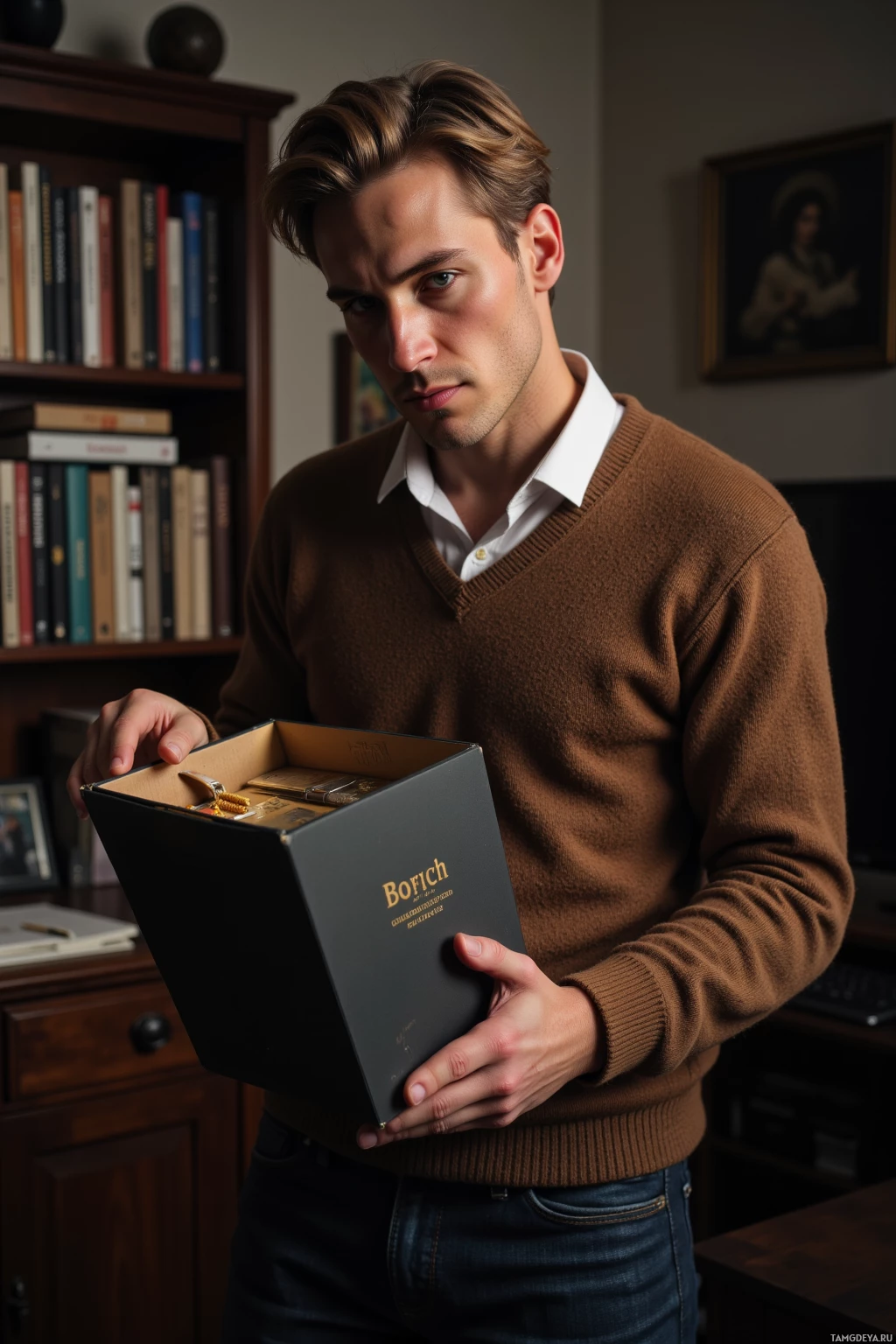 Realistic high quality photo. A 43‑year‑old man with gently tousled blonde hair and warm blue eyes, wearing an earth‑toned sweater over a white shirt and dark jeans, stands in a dimly lit living room, carefully opening a matte dust‑jacketed limited‑edition film box set with a hand‑stitched edge, surrounded by a cluttered shelf of collector’s editions and a notebook poised to log foil details.