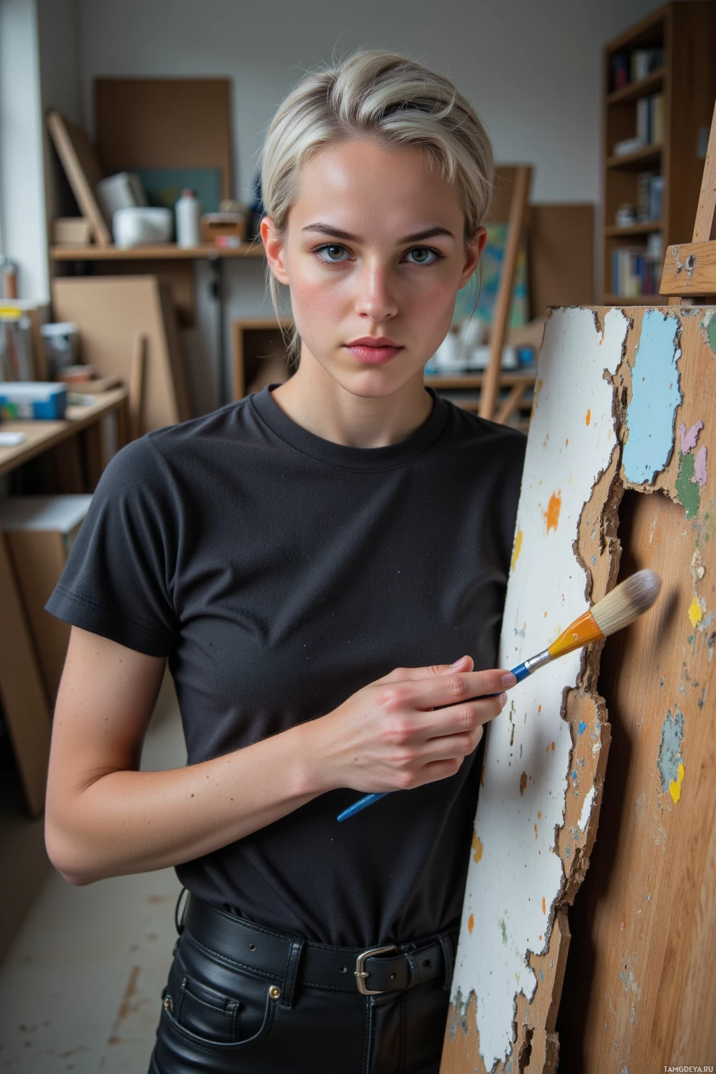 Realistic high quality photo. Woman, 28, short silver hair, pale skin, brown eyes, wearing black leather pants and a dark band t‑shirt, standing in a cluttered studio at midday, holding a paintbrush, inspecting a half‑smashed canvas with shards and unfinished brushstrokes, her expression fierce and mischievous.