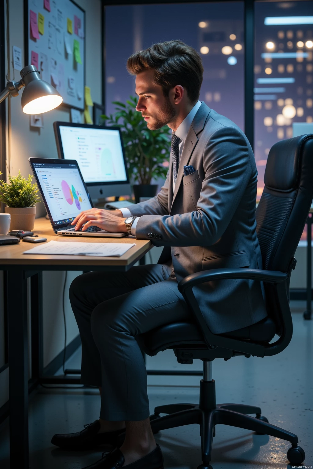 Realistic high quality photo. 31-year-old man with short, well-groomed brown hair, bright blue eyes, fair skin, sharp jawline, wearing a tailored light-gray suit, slim tie, and loafers, working late at a sleek modern office desk with a laptop displaying pastel UI design and metrics, surrounded by sticky notes and a whiteboard with sprint checkpoints, his expression focused and determined.