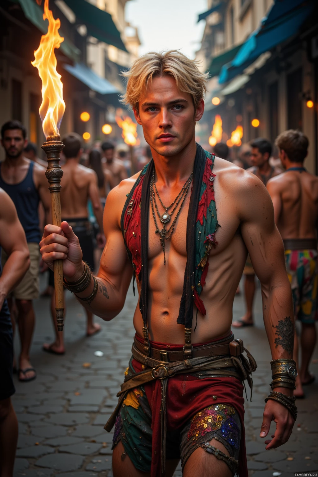 Realistic high quality photo. 30‑year‑old man with short blonde hair, bright blue eyes, sun‑kissed skin, wearing colorful festival‑inspired clothing with sequins, feathers, and a silver necklace, dancing with a torch in a dusky alley, flames curling around his palms, a pulsing crowd behind him, intense expression and body in motion.