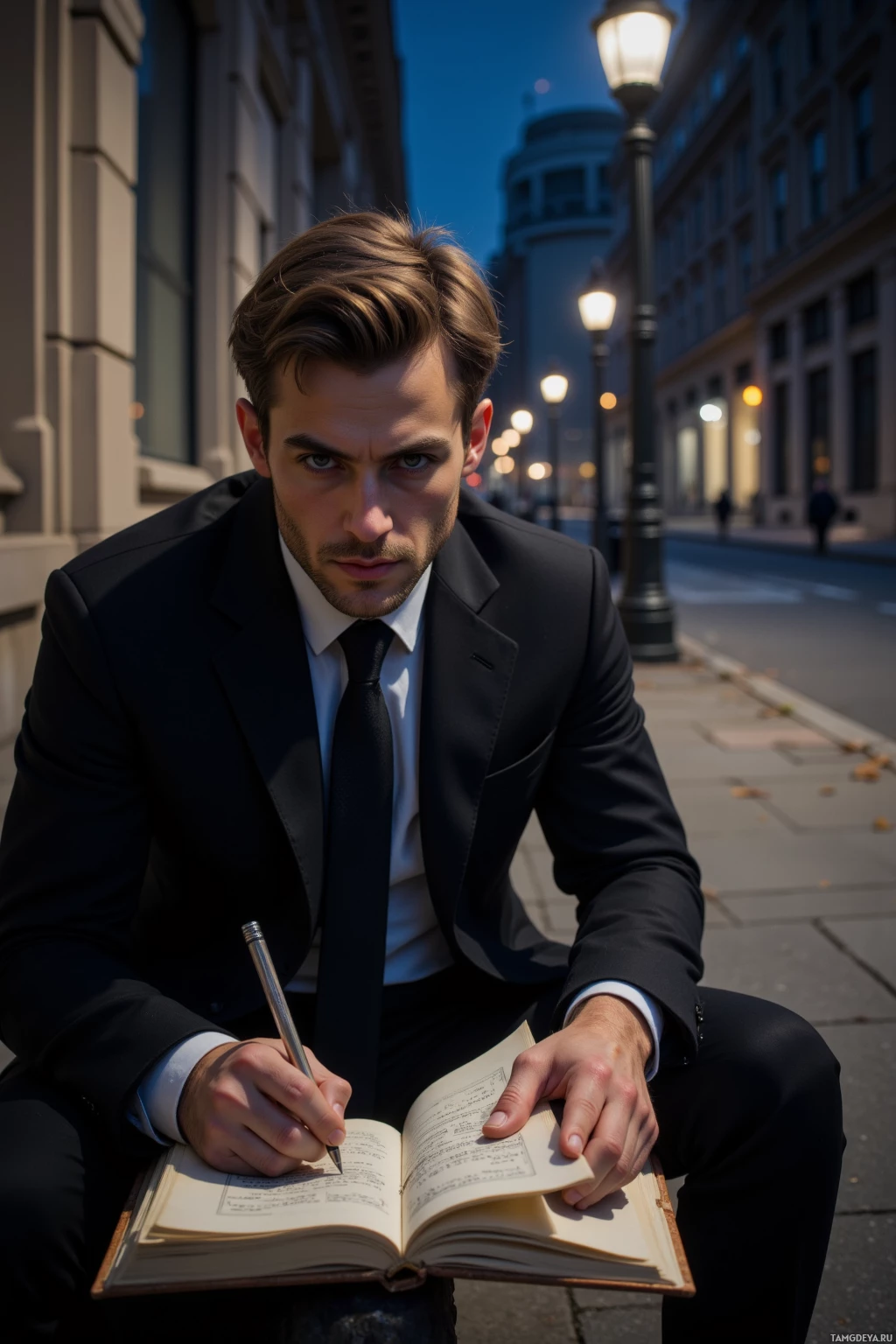 Realistic high quality photo. 34‑year‑old man with short light brown hair, piercing blue eyes, pale skin, wearing a tailored black suit, sits on a deserted urban sidewalk at night under dim streetlights, sketching plans in a weather‑worn notebook, his posture authoritative yet restless amid quiet city buildings.