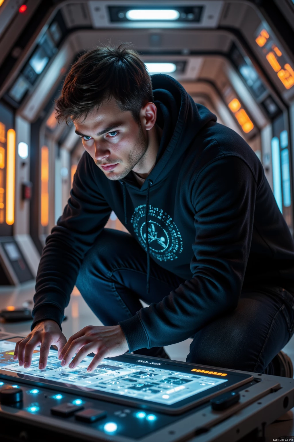 Realistic high quality photo. A 31‑year‑old male cyber analyst with short dark brown hair, piercing blue eyes, pale skin, wearing a black hoodie patterned with binary code and dark jeans, hunched over a quantum console in a nighttime orbital docking bay bathed in soft amber light, surrounded by humming data streams, his expression calm and focused as he tracks elusive code patterns.