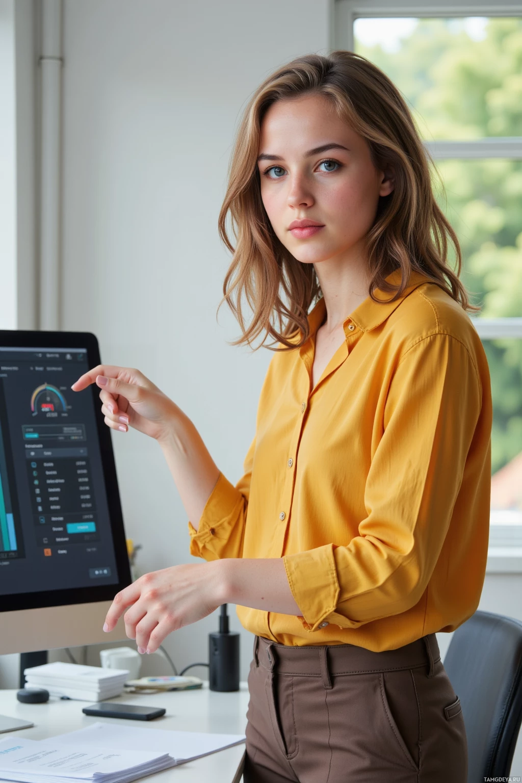 Realistic high quality photo. Woman, 32, curly light brown hair, clear blue eyes, warm beige skin, wearing a soft yellow blouse and tailored dark brown trousers, standing in a modern office with a large computer monitor displaying a UI design with contrast adjustments, pointing at a small glitch icon on the screen, sunlight filtering through a window, a stack of design mockups on a desk.