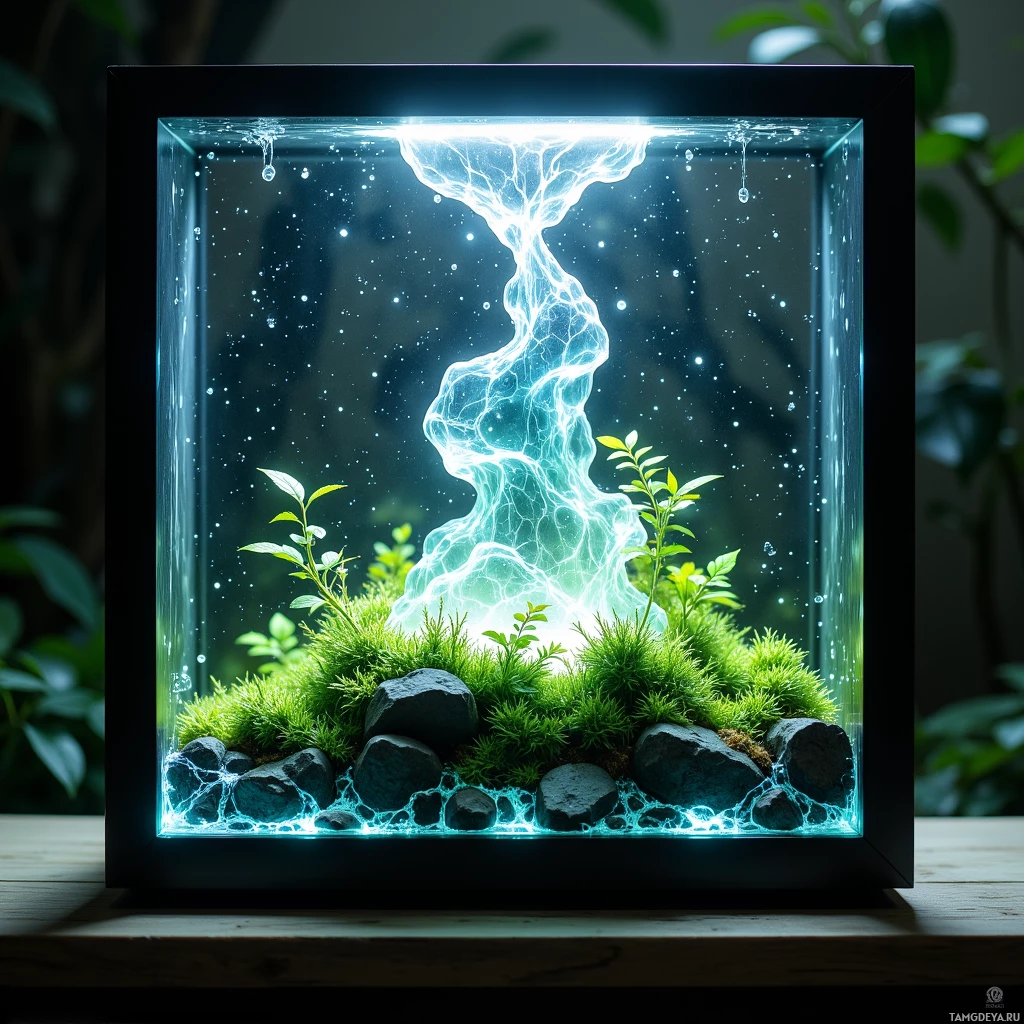 Semi-abstract image with many light, that is suitable for the post:  Translucent engineered moss slab with microscopic photonic crystals refracting light into dew‑like mist, housed in a sleek matte black frame etched with faintly glowing fractal patterns, and a miniature vortex motor producing a whisper of wind.