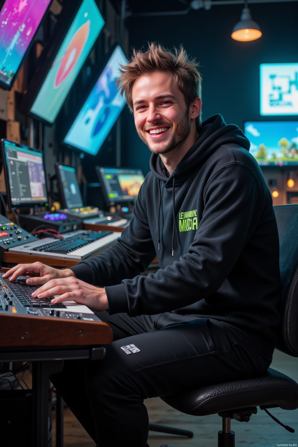 Realistic high quality photo. A 28‑year‑old man with messy brown hair, bright blue eyes, pale skin, wearing a black hoodie with green accents, high‑waisted jogger pants, and white sneakers, laughing at a Moog synthesizer in a dimly lit modern studio that feels like a playground, surrounded by cables, glowing screens, and subtle glitch effects.
